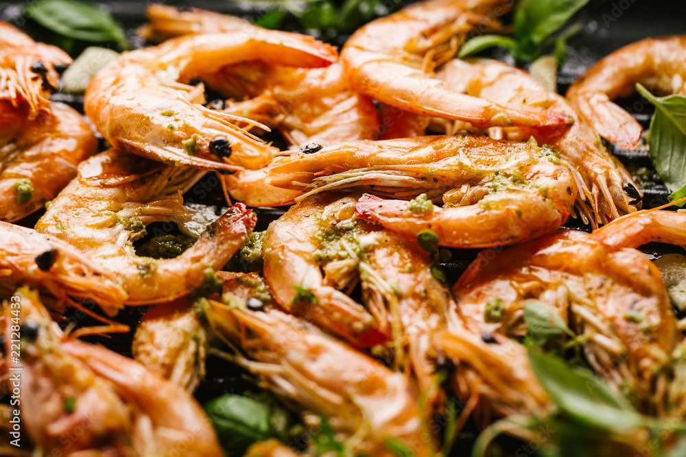 Roasted grilled shrimps on pan Roasted grilled shrimps on pan