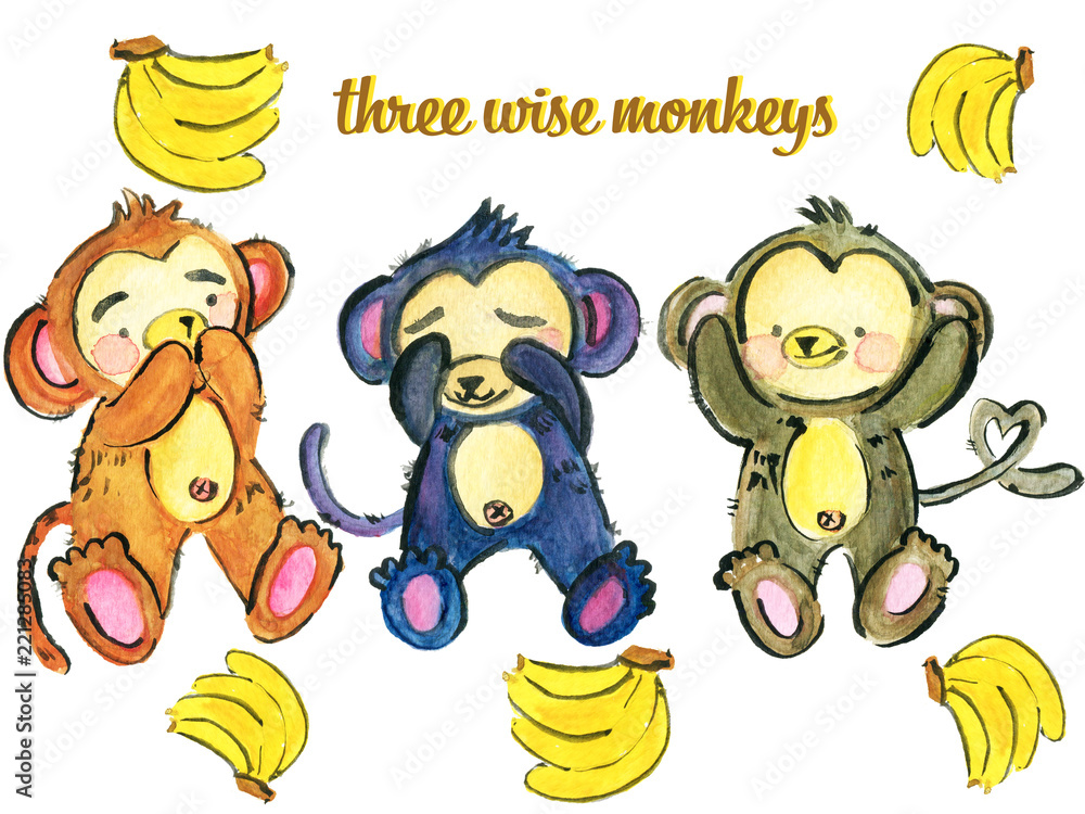 Watercolor Three Wise Monkeys Set and Banana Isolated On Whit