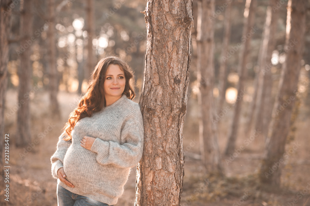 Smiling pregnant woman wearing cozy knitted sweater posing outdoor. Looking away. Autumn look. Smiling pregnant woman wearing cozy knitted sweater posing outdoor. Looking away. Autumn look.