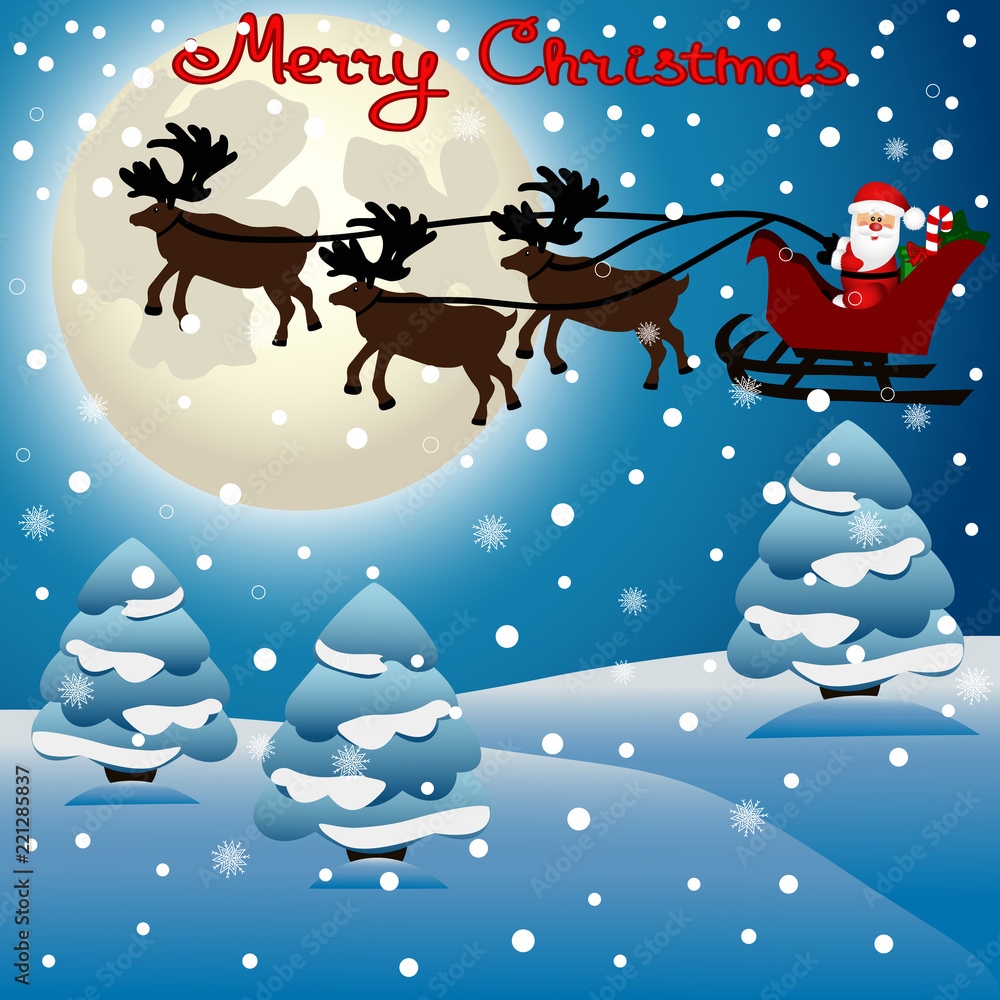 Christmas card. Funny postcard with Christmas reindeers and Sant