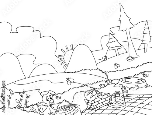Cartoon scene of camping in the mountains - picnic and dog - with vector coloring page - illustration for children