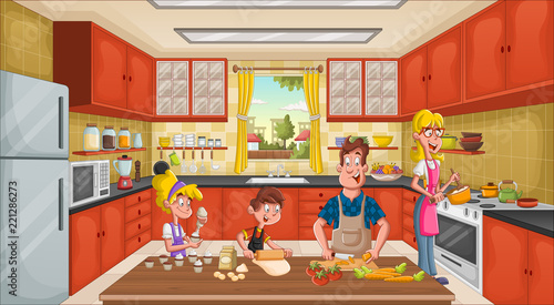 Family wearing apron and cooking. Chef in the kitchen.