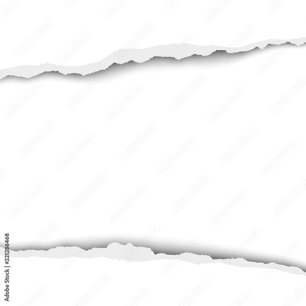 Snatched middle of white paper with torn edges and soft shadow. Vector template paper design.