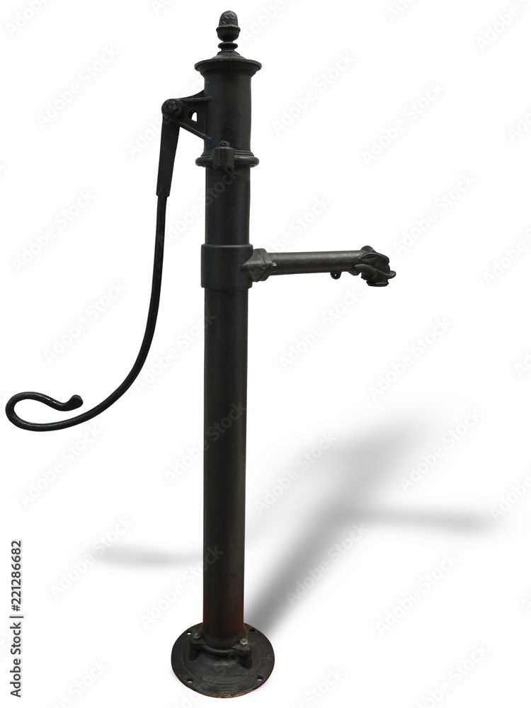 Fototapeta premium Old rusty manual metal water pump isolated over white