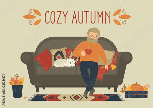 Cozy autumn. Man drink tea or coffee on sofa at home. Cozy home. Cat sleeping on couch. Original vector illustration.