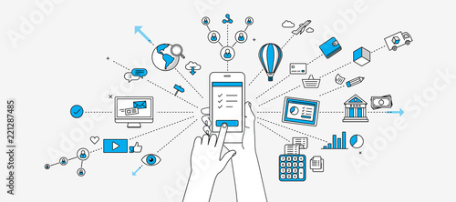 Connected on mobile device infographics. Internet of things concept. Modern illustration in linear style.