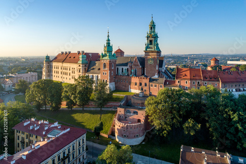 Historic royal Wawel castle and cathedral in Cracow, Poland. Aerial view in sunrise light early in the morning