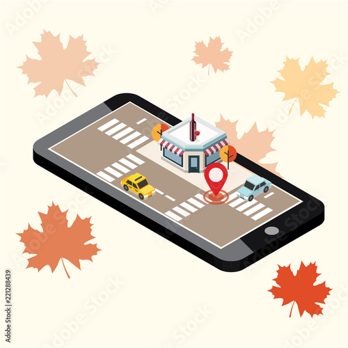 Mobile searching. Looking for bar or wine shop. Isometric mobile and wine. Geo tracking. Map. City life