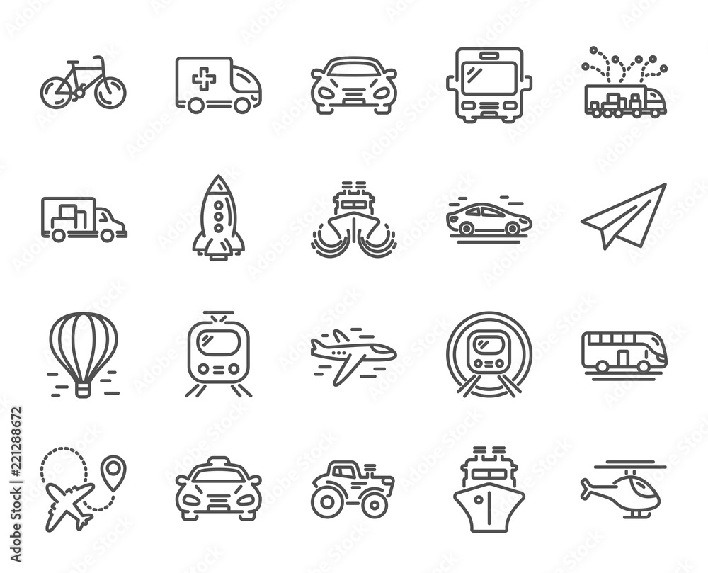 Naklejka premium Transport line icons. Set of Taxi, Helicopter and Train linear icons. Truck, Underground metro or Tram and Air balloon transport symbols. Bike, Airport plane and Ship. Bus, Paper airplane. Vector