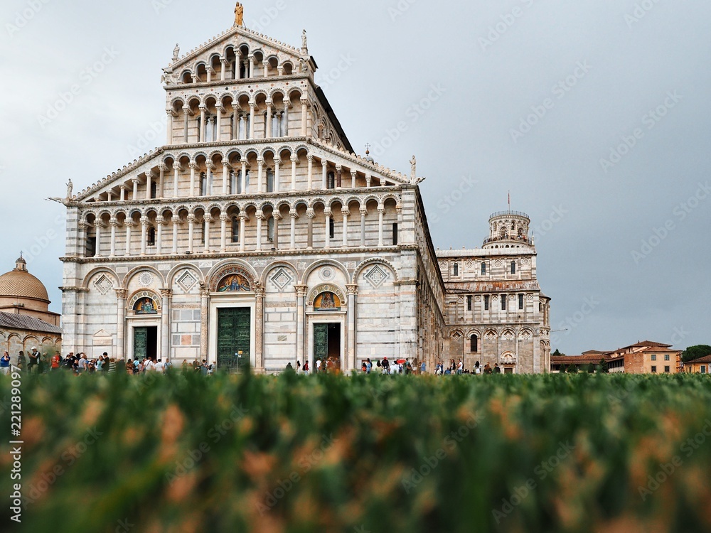 The facade of the Basilica in the square in Pisa, photo taken from the grass below