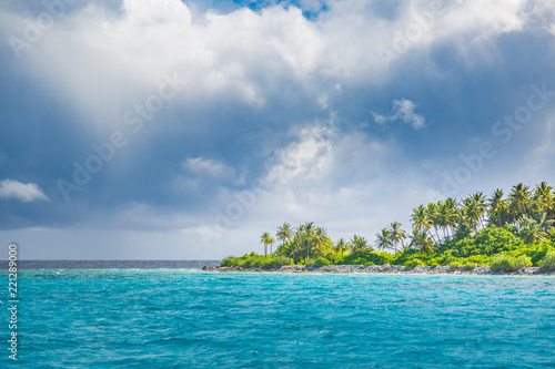 Panorama of tropical island with coconut palm trees on sandy beach. Maldives  Indian Ocean.