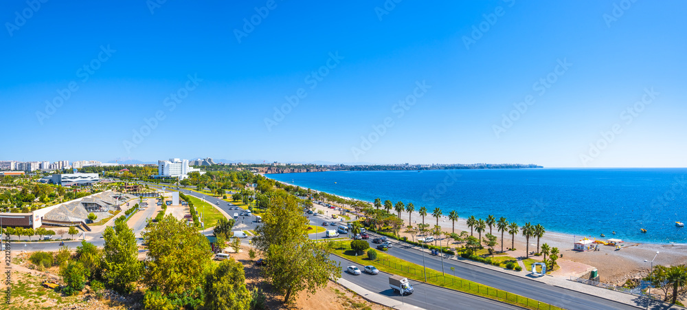 Panoramic bird view of Antalya and Mediterranean seacoast and beach, Antalya, Turkey