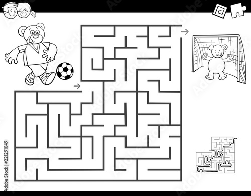 maze color book with bear playing soccer