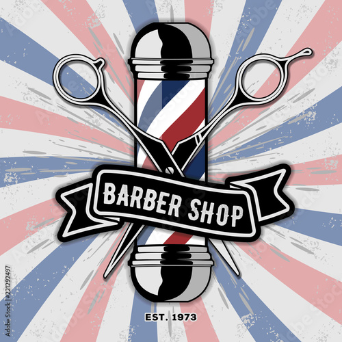 Barber Shop Logo with barber pole in vintage style. Vector template