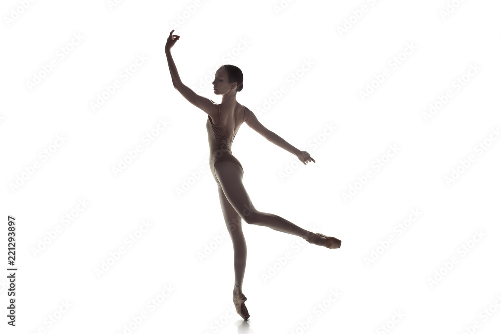 Young graceful female ballet dancer or classic ballerina dancing isolated on white studio. Caucasian model on pointe shoes