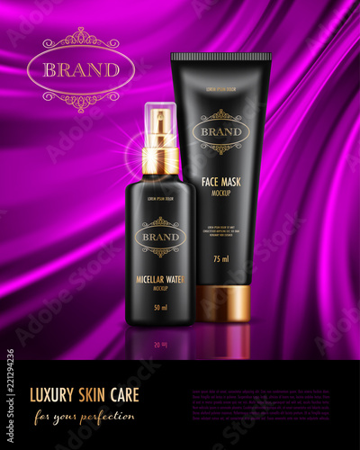 Cosmetic advertising poster with realistic containers for skin care products on purple smooth satin fabric background. Mockup for promoting your brand. Vector illustration