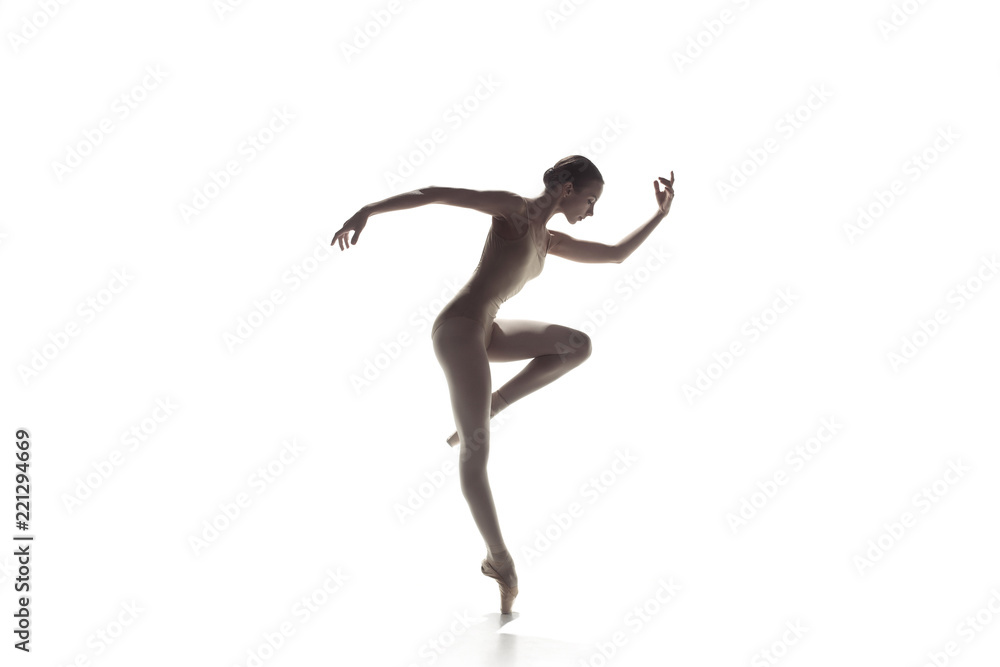 Young graceful female ballet dancer or classic ballerina dancing isolated on white studio. Caucasian model on pointe shoes