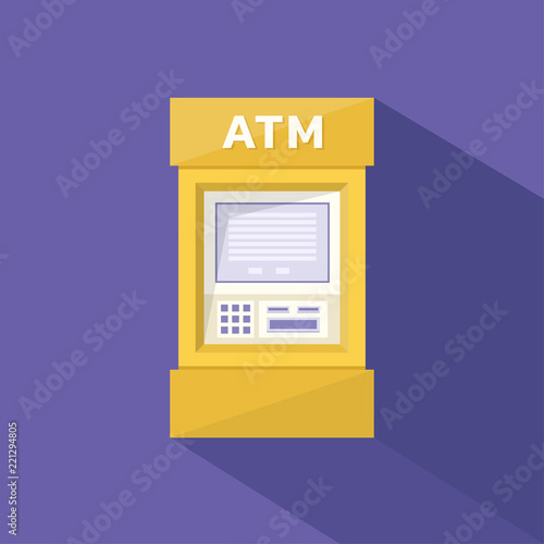 Yellow ATM Machine On Purple Background. Flat Design - Vector