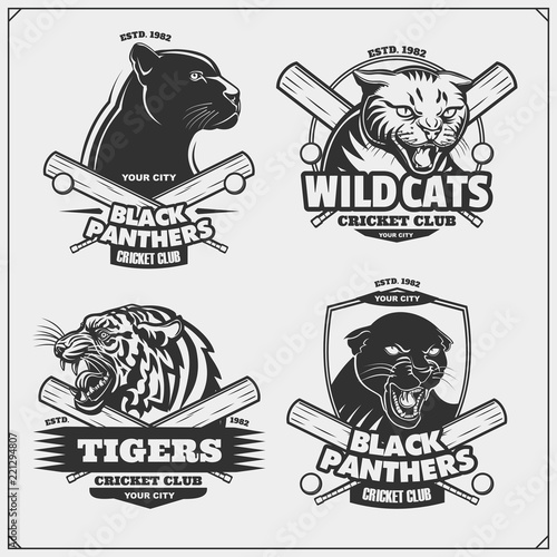 Set of cricket emblems, badges, logos and labels with tiger, panther and wildcat.