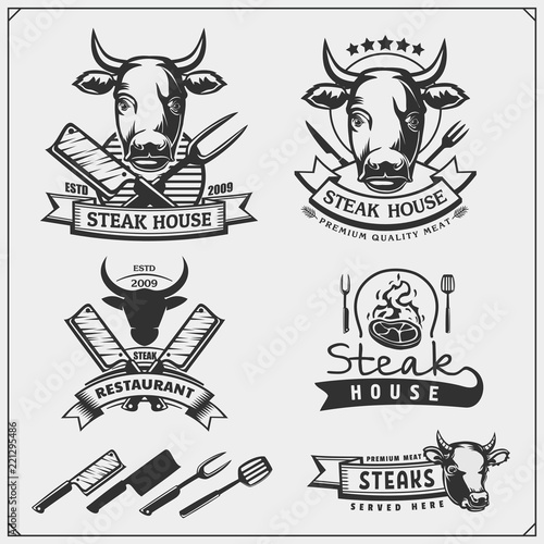 BBQ Collection. Set of grill steak labels, badges and emblems. Fresh beef.