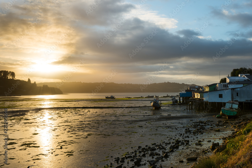 Sunrise at Castro in the southen island of Chiloe, Chle