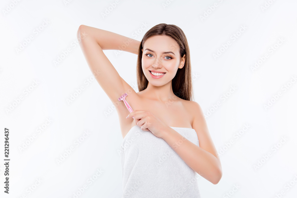 Shaver using concept. Portrait of satisfied excited with toothy Shaver using concept. Portrait of satisfied excited with toothy