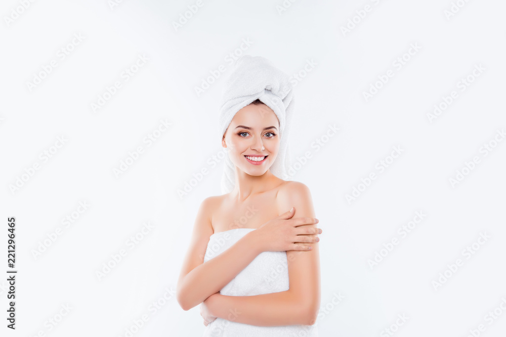Portrait with copy space of pretty brunette girl with towel on h Portrait with copy space of pretty brunette girl with towel on h