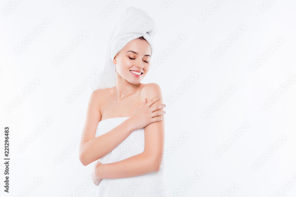 Portrait of charming sensual girl after shower with towel on hea Portrait of charming sensual girl after shower with towel on hea