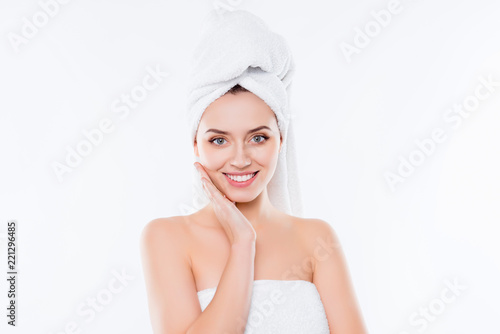 Portrait of cute sexy woman after shower with towel on head touc