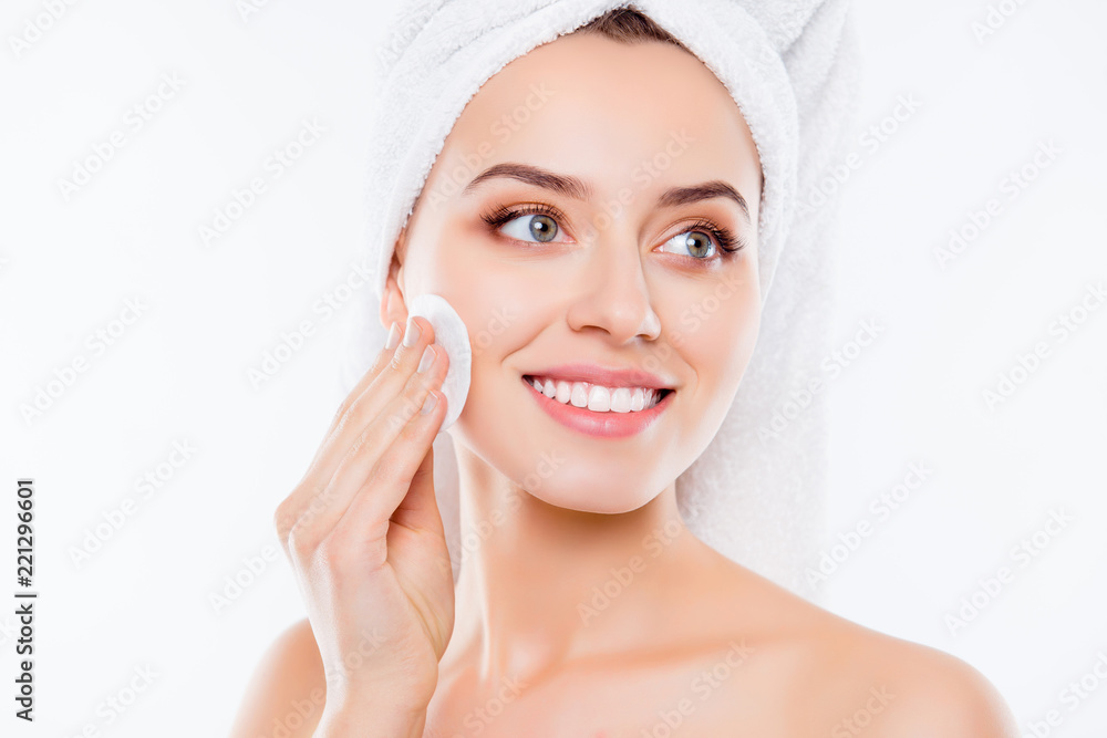 Close up of attractive charming girl with towel on her headisola Close up of attractive charming girl with towel on her headisola
