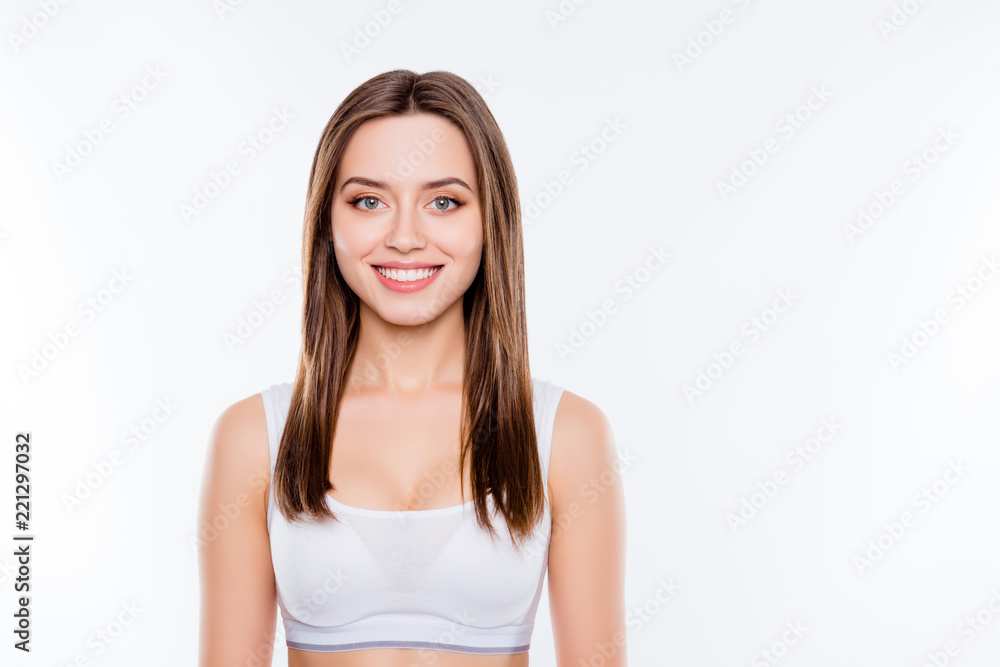 Portrait with copy space of nice toothy woman with perfect face Portrait with copy space of nice toothy woman with perfect face