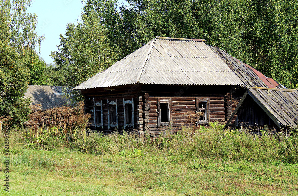 A deserted house without windows is standing among the tall grass A deserted house without windows is standing among the tall grass