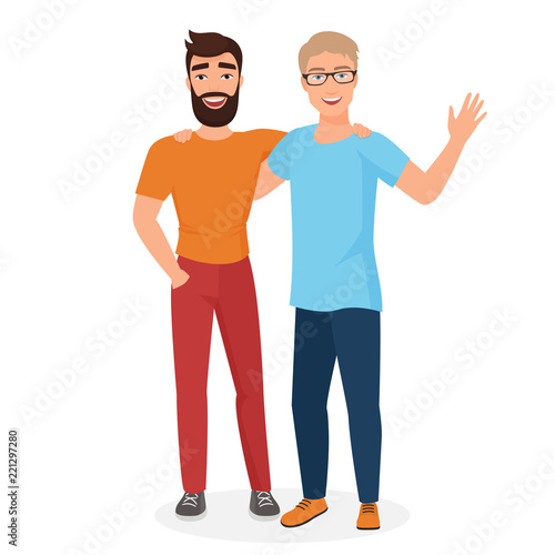 Vector cartoon illustration of couple boy males best friends isolated. Happy teenagers guys in a friendly hug.