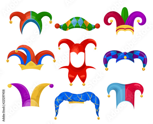 Jester or fool hat set on white background