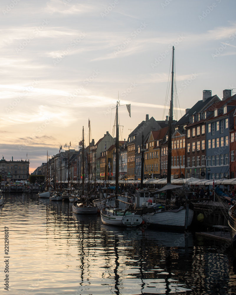 Boats in Nyhavn at sunset