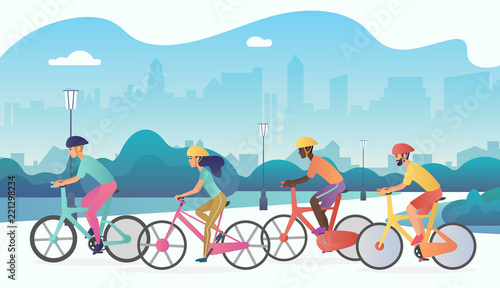 Cyclists sport people riding bicycles in public city park. Trendy radient color vector illustration.
