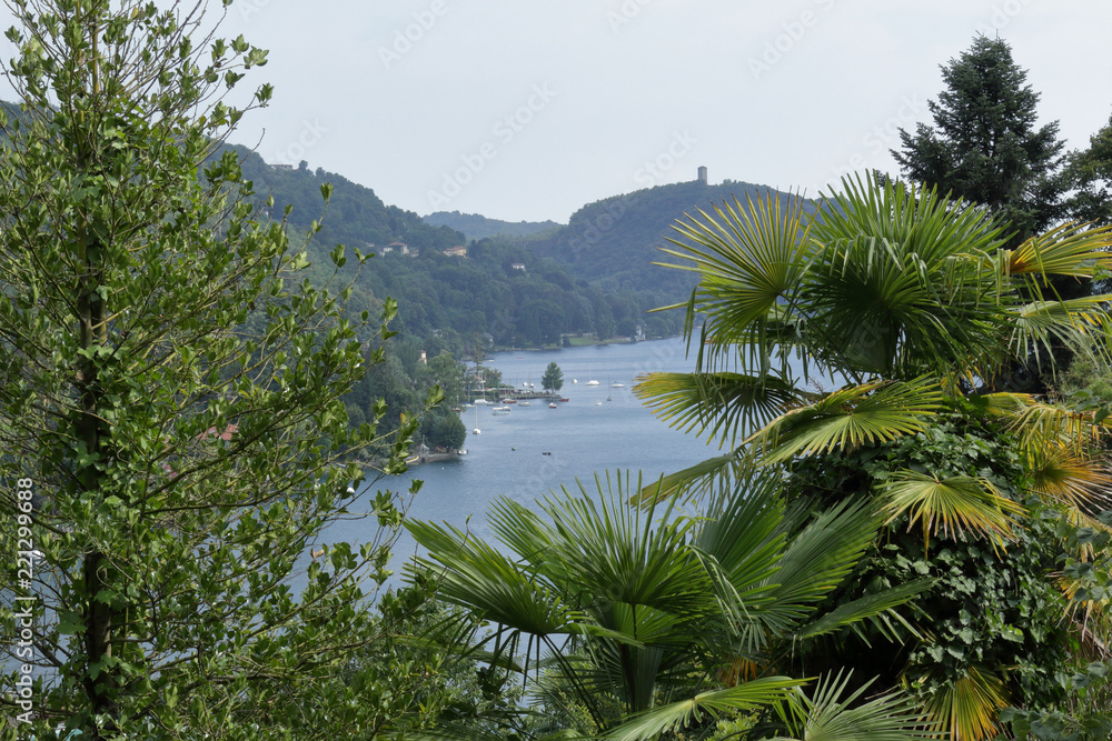 A landscape of Lake Orta, in northern Italy, with trees and mountains on the foregroud as a frame