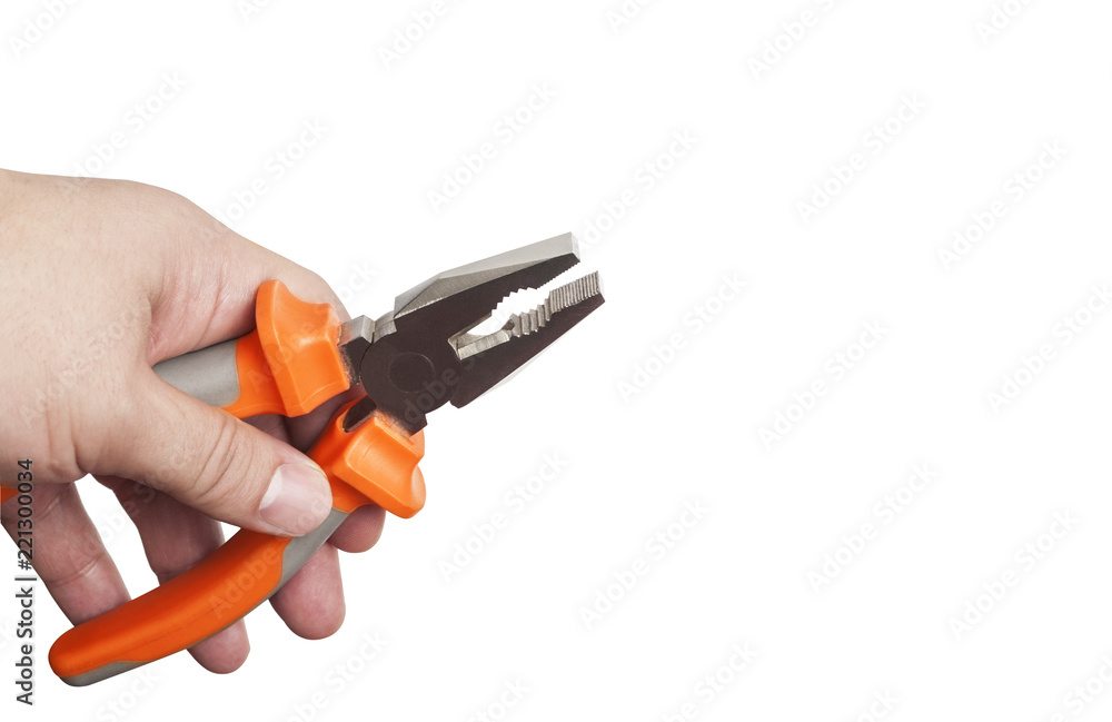 Hand holding a orange pliers isolated on white background.
