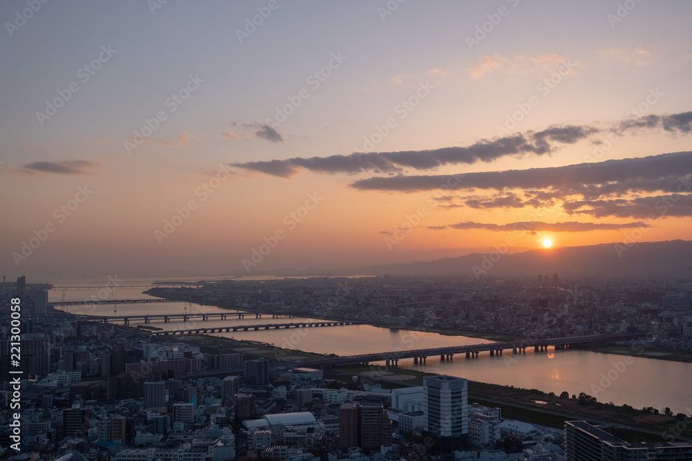 Aerial view of Osaka at sunset, Japan