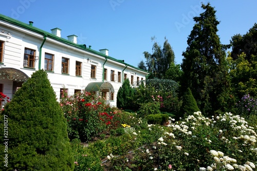 Beautiful green inner courtyard of the Ascension Florovsky Monastery in Kiev