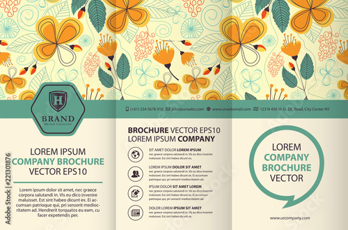 Trifold brochure design template with floral background