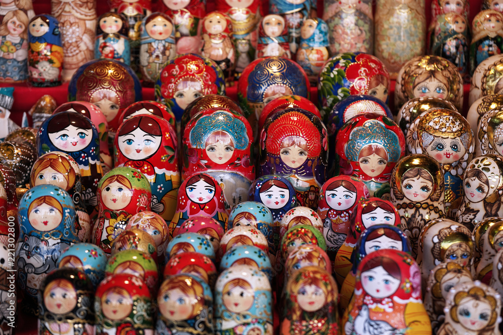 Matryoshka national Russian souvenir on the counter of the store.