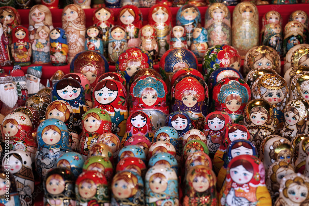 Matryoshka national Russian souvenir on the counter of the store.