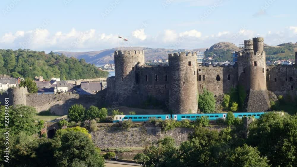 Train passing Conwy Castle Conwy Gwynedd Wales Train passing Conwy Castle Conwy Gwynedd Wales