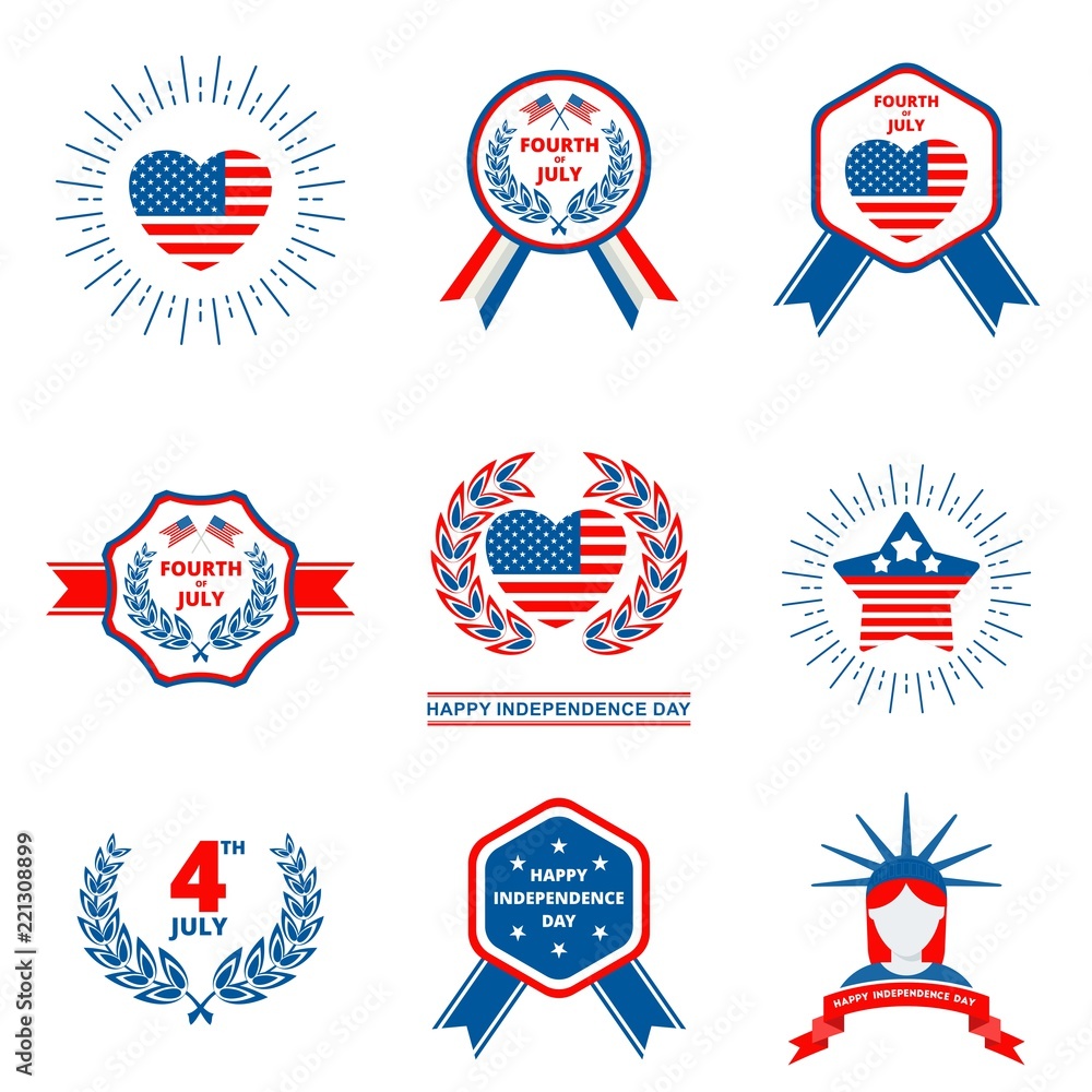Set of badge for Independence day of USA, july fourth celebration party. American flag and Laurel wreath. Flat vector cartoon illustration. Objects isolated on a white background.