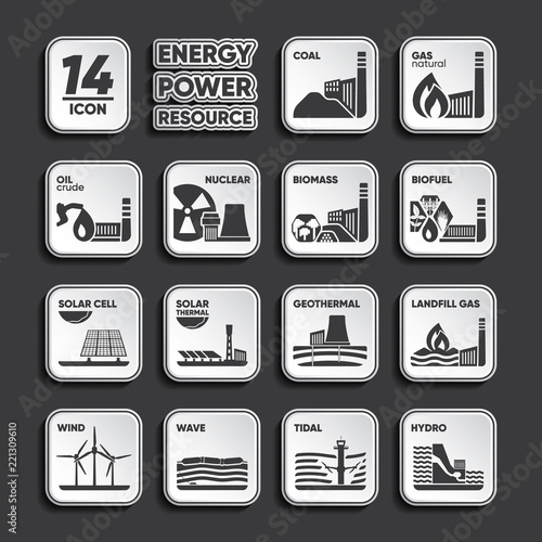 14 icon of energy bio fuel, biomass, landfill gas, coal, natural gas, oil, nuclear, wave, tidal, hydro, wind, solar cell, solar thermal, geothermal