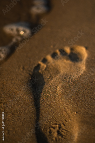 Foot print in the sand in the  warm sunset sun