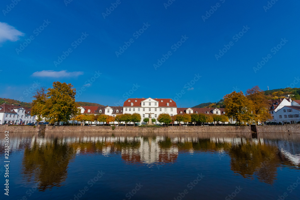 Beautiful panoramic view of a row of baroque houses and the Huguenot Museum in the middle, mirrored on the water surface of the harbour basin on a nice autumn day in Bad Karlshafen, Germany.