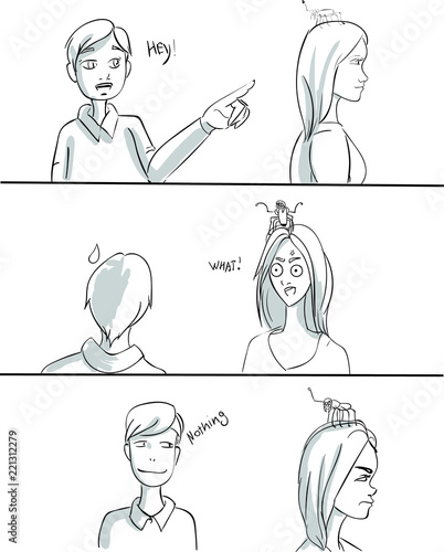Boy trying to talk to a girl Vector. A spider on the girls head funny comics. Storyboard lineart digital graphic illustrations