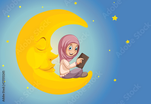 A muslim girl reading on the moon